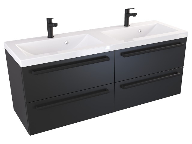 Szafka Wisząca Z Umywalką ATH 120 cm DUO - Czarny Mat - Uchwyty Czarne Matowe
