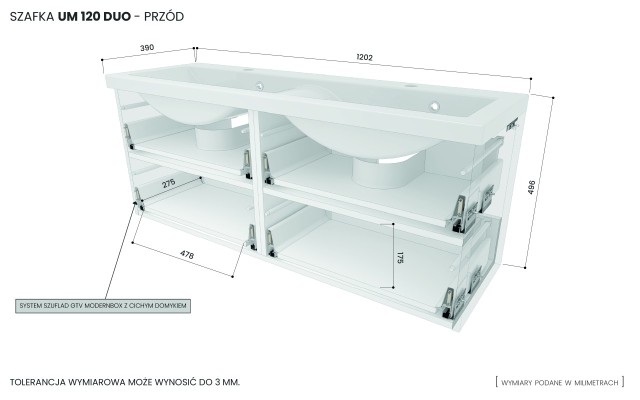 Szafka Wisząca Z Umywalką ATH 120 cm DUO - Czarny Mat - Uchwyty Złote Polerowane