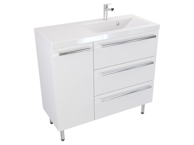 Szafka stojąca z umywalką Athos 90 cm prawa, 3 szuflady i drzwi - Biały mat - Uchwyty chromowane Szafka stojąca z umywalką Athos 90 cm prawa, 3 szuflady i drzwi - Biały mat - Uchwyty chromowane