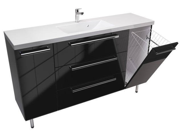 Szafka Stojąca Z Umywalką ATH 140 cm DK - Czarny Wysoki Połysk - Uchwyty Chromowane