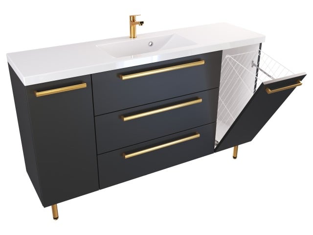 Szafka Stojąca Z Umywalką ATH 140 cm DK - Czarny Mat - Uchwyty Złote Polerowane