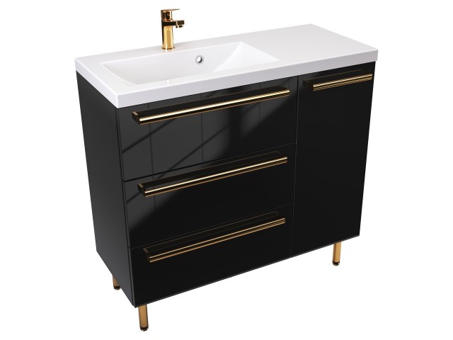 Szafka Stojąca Z Umywalką ATH 90 cm D Lewa - Czarny Wysoki Połysk - Uchwyty Złote Polerowane Szafka Stojąca Z Umywalką ATH 90 cm D Lewa - Czarny Wysoki Połysk - Uchwyty Złote Polerowane