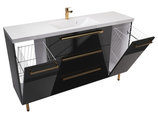 Szafka Stojąca Z Umywalką ATH 140 cm K - Czarny Wysoki Połysk - Uchwyty Złote Polerowane