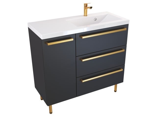 Szafka Stojąca Z Umywalką ATH 90 cm D Prawa - Czarny Mat - Uchwyty Złote Polerowane