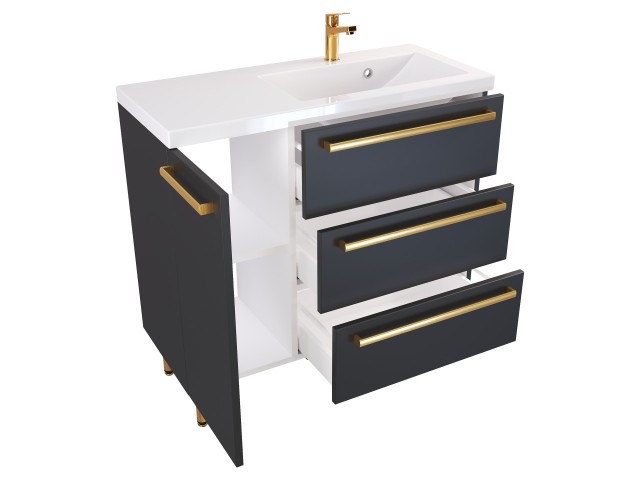 Szafka Stojąca Z Umywalką ATH 90 cm D Prawa - Czarny Mat - Uchwyty Złote Polerowane