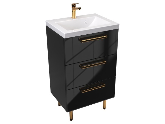 Szafka Stojąca Z Umywalką ATH 50 cm - Czarny Wysoki Połysk - Uchwyty Złote Polerowane Szafka Stojąca Z Umywalką ATH 50 cm - Czarny Wysoki Połysk - Uchwyty Złote Polerowane