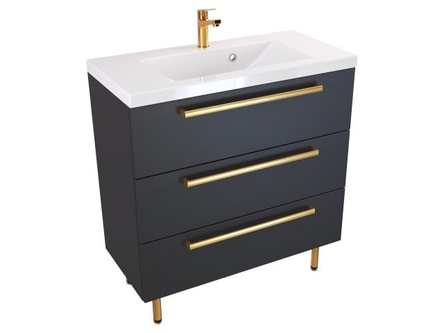 Szafka Stojąca Z Umywalką ATH 80 cm - Czarny Mat - Uchwyty Złote Polerowane