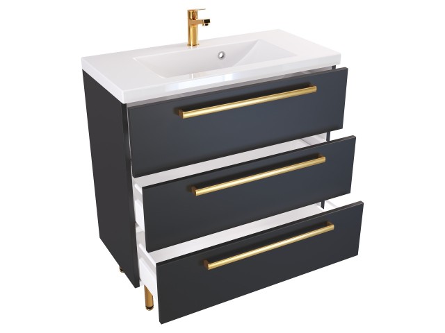 Szafka Stojąca Z Umywalką ATH 80 cm - Czarny Mat - Uchwyty Złote Polerowane