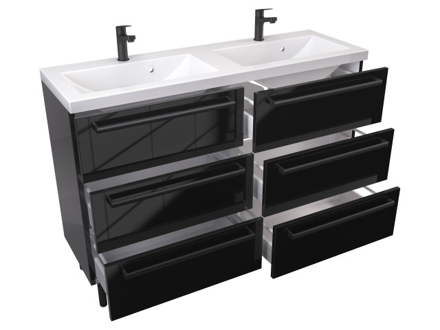 Szafka Stojąca Z Umywalką ATH 120 cm DUO - Czarny Wysoki Połysk - Uchwyty Czarne Matowe
