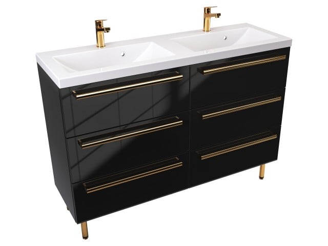 Szafka Stojąca Z Umywalką ATH 120 cm DUO - Czarny Wysoki Połysk - Uchwyty Złote Polerowane