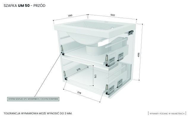 Szafka Wisząca Z Umywalką RON 50 cm - Szary Wysoki Połysk - Uchwyty Białe Matowe