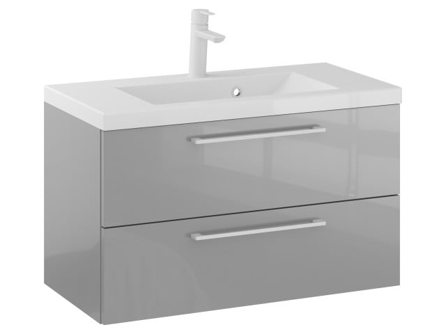 Szafka Wisząca Z Umywalką RON 80 cm - Szary Wysoki Połysk - Uchwyty Białe Matowe