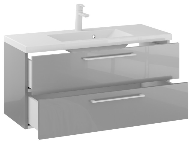 Szafka Wisząca Z Umywalką RON 100 cm - Szary Wysoki Połysk - Uchwyty Białe Matowe