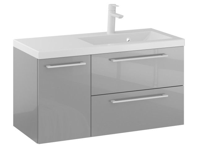 Szafka Wisząca Z Umywalką RON 90 cm D Prawa - Szary Wysoki Połysk - Uchwyty Białe Matowe