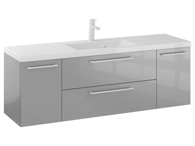 Szafka Wisząca Z Umywalką RON 140 cm D - Szary Wysoki Połysk - Uchwyty Białe Matowe
