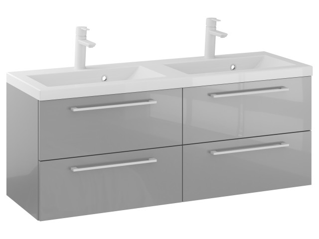 Szafka Wisząca Z Umywalką RON 120 cm DUO - Szary Wysoki Połysk - Uchwyty Białe Matowe