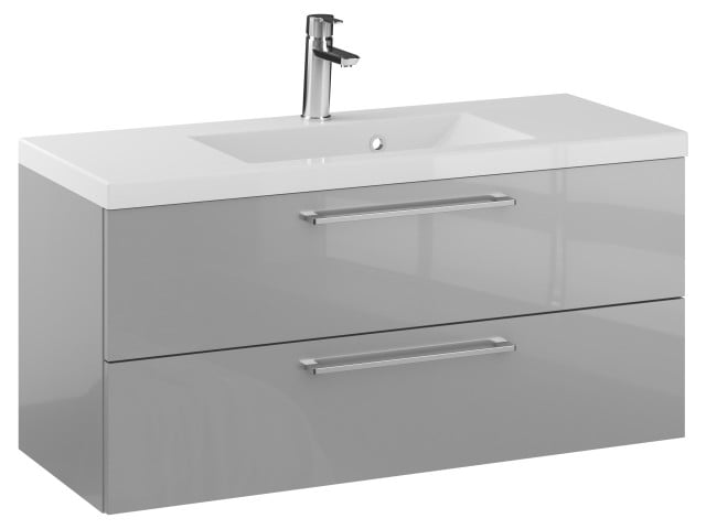 Szafka Wisząca Z Umywalką RON 100 cm - Szary Wysoki Połysk - Uchwyty Chromowane