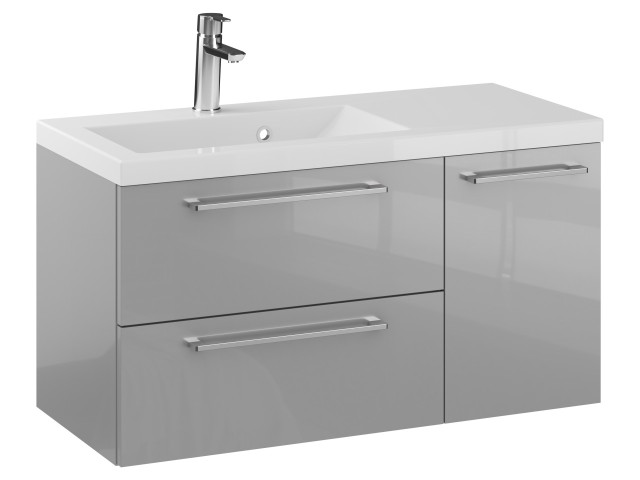 Szafka Wisząca Z Umywalką RON 90 cm D Lewa - Szary Wysoki Połysk - Uchwyty Chromowane