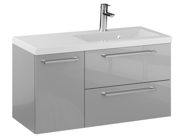 Szafka Wisząca Z Umywalką RON 90 cm D Prawa - Szary Wysoki Połysk - Uchwyty Chromowane