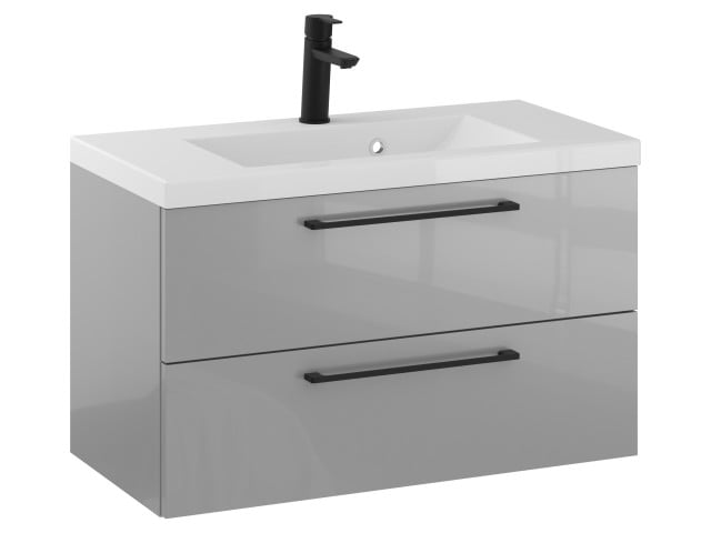 Szafka Wisząca Z Umywalką RON 80 cm - Szary Wysoki Połysk - Uchwyty Czarne Matowe