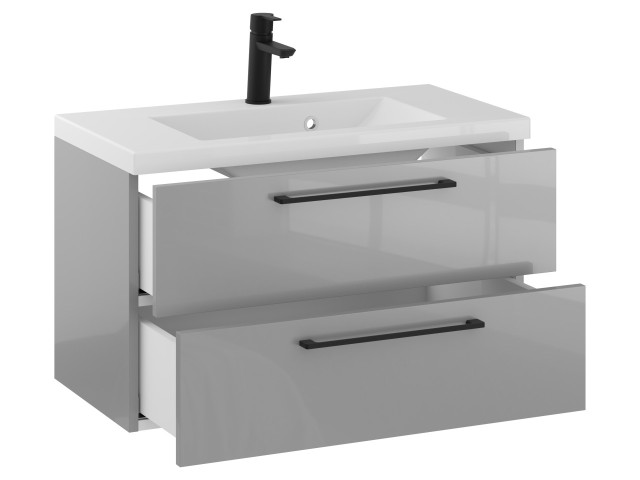 Szafka Wisząca Z Umywalką RON 80 cm - Szary Wysoki Połysk - Uchwyty Czarne Matowe