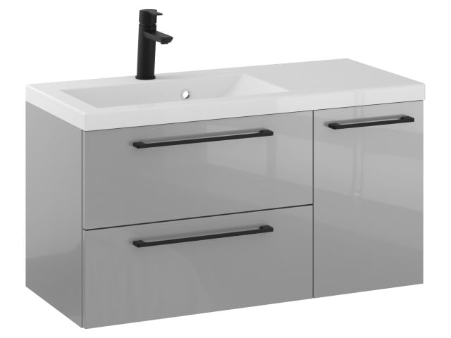 Szafka Wisząca Z Umywalką RON 90 cm D Lewa - Szary Wysoki Połysk - Uchwyty Czarne Matowe
