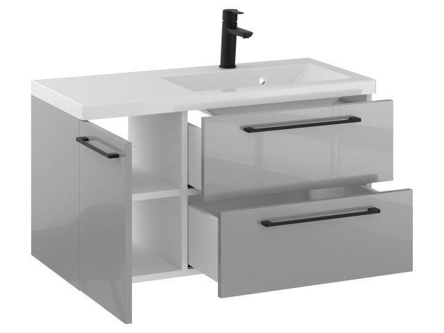 Szafka Wisząca Z Umywalką RON 90 cm D Prawa - Szary Wysoki Połysk - Uchwyty Czarne Matowe