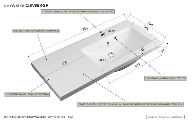 Szafka Wisząca Z Umywalką RON 90 cm D Prawa - Szary Wysoki Połysk - Uchwyty Czarne Matowe