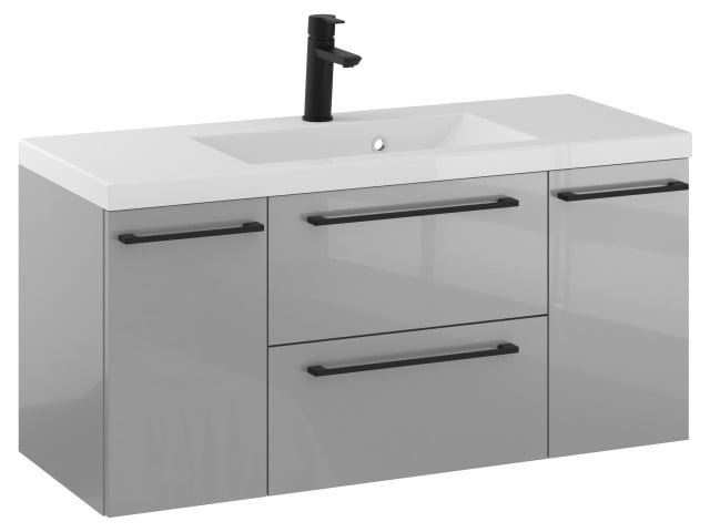 Szafka Wisząca Z Umywalką RON 100 cm D - Szary Wysoki Połysk - Uchwyty Czarne Matowe Szafka Wisząca Z Umywalką RON 100 cm D - Szary Wysoki Połysk - Uchwyty Czarne Matowe