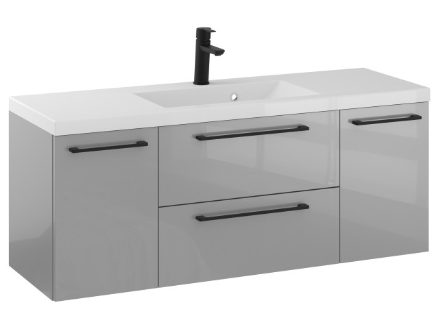 Szafka Wisząca Z Umywalką RON 120 cm D - Szary Wysoki Połysk - Uchwyty Czarne Matowe Szafka Wisząca Z Umywalką RON 120 cm D - Szary Wysoki Połysk - Uchwyty Czarne Matowe