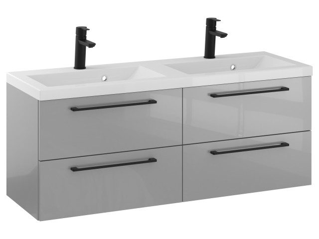 Szafka Wisząca Z Umywalką RON 120 cm DUO - Szary Wysoki Połysk - Uchwyty Czarne Matowe
