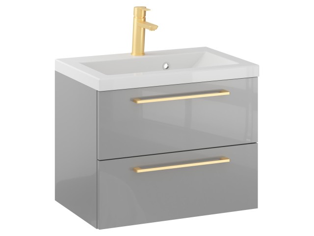 Szafka Wisząca Z Umywalką RON 60 cm - Szary Wysoki Połysk - Uchwyty Złote Szczotkowane Szafka Wisząca Z Umywalką RON 60 cm - Szary Wysoki Połysk - Uchwyty Złote Szczotkowane