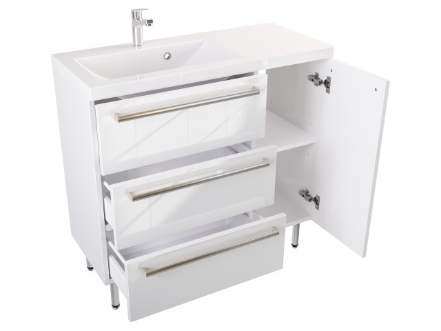 Szafka Stojąca Z Umywalką ATH 90 cm D Lewa - Biały Wysoki Połysk - Uchwyty Stal Szczotkowana