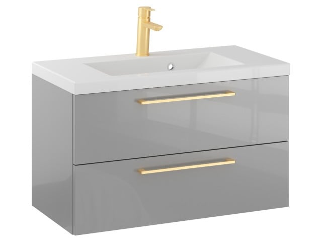 Szafka Wisząca Z Umywalką RON 80 cm - Szary Wysoki Połysk - Uchwyty Złote Szczotkowane