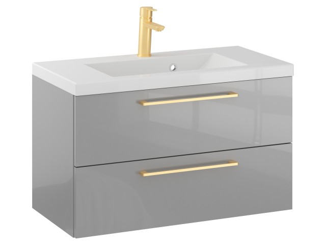 Szafka Wisząca Z Umywalką RON 80 cm - Szary Wysoki Połysk - Uchwyty Złote Szczotkowane Szafka Wisząca Z Umywalką RON 80 cm - Szary Wysoki Połysk - Uchwyty Złote Szczotkowane