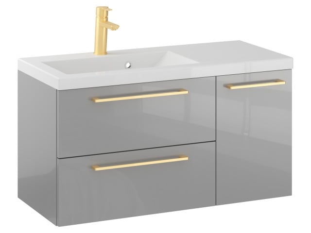 Szafka Wisząca Z Umywalką RON 90 cm D Lewa - Szary Wysoki Połysk - Uchwyty Złote Szczotkowane Szafka Wisząca Z Umywalką RON 90 cm D Lewa - Szary Wysoki Połysk - Uchwyty Złote Szczotkowane