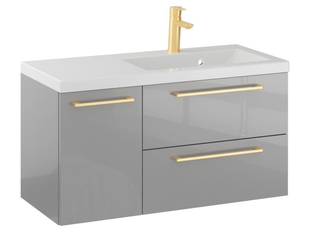 Szafka Wisząca Z Umywalką RON 90 cm D Prawa - Szary Wysoki Połysk - Uchwyty Złote Szczotkowane