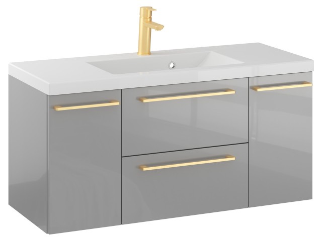 Szafka Wisząca Z Umywalką RON 100 cm D - Szary Wysoki Połysk - Uchwyty Złote Szczotkowane