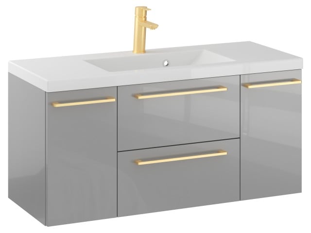 Szafka Wisząca Z Umywalką RON 100 cm D - Szary Wysoki Połysk - Uchwyty Złote Szczotkowane Szafka Wisząca Z Umywalką RON 100 cm D - Szary Wysoki Połysk - Uchwyty Złote Szczotkowane