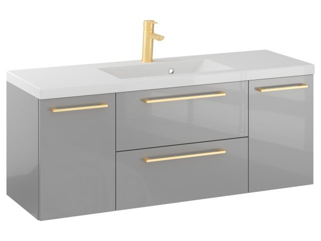 Szafka Wisząca Z Umywalką RON 120 cm D - Szary Wysoki Połysk - Uchwyty Złote Szczotkowane