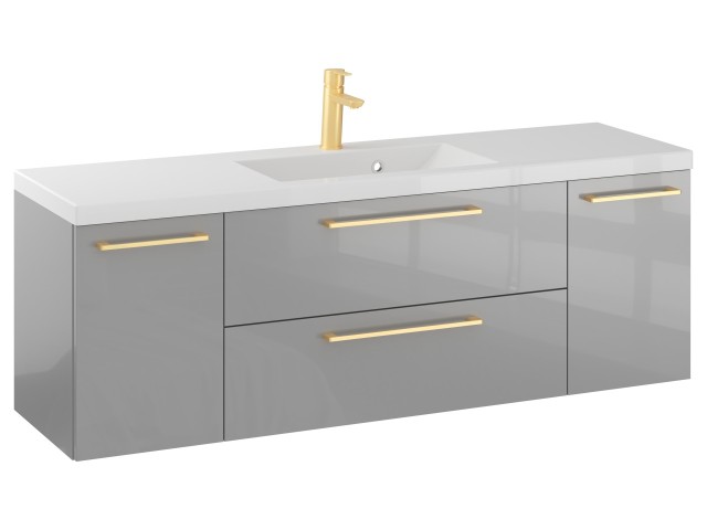 Szafka Wisząca Z Umywalką RON 140 cm D - Szary Wysoki Połysk - Uchwyty Złote Szczotkowane Szafka Wisząca Z Umywalką RON 140 cm D - Szary Wysoki Połysk - Uchwyty Złote Szczotkowane