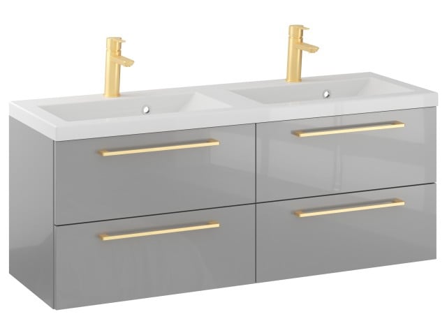 Szafka Wisząca Z Umywalką RON 120 cm DUO - Szary Wysoki Połysk - Uchwyty Złote Szczotkowane Szafka Wisząca Z Umywalką RON 120 cm DUO - Szary Wysoki Połysk - Uchwyty Złote Szczotkowane