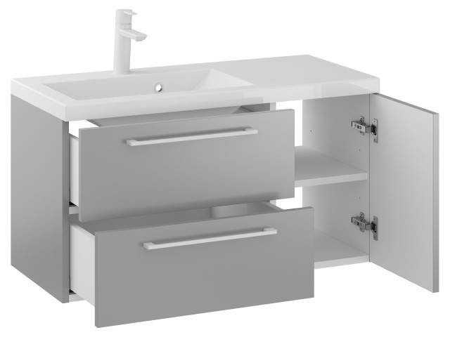 Szafka Wisząca Z Umywalką RON 90 cm D Lewa - Szary Mat - Uchwyty Białe Matowe