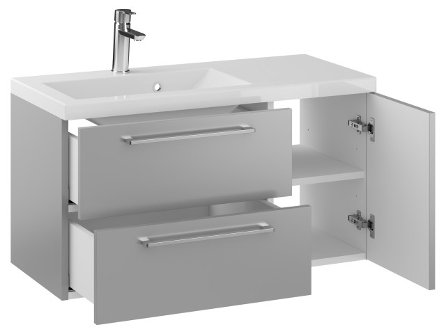 Szafka Wisząca Z Umywalką RON 90 cm D Lewa - Szary Mat - Uchwyty Chromowane