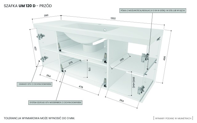 Szafka Wisząca Z Umywalką RON 120 cm D - Szary Mat - Uchwyty Chromowane