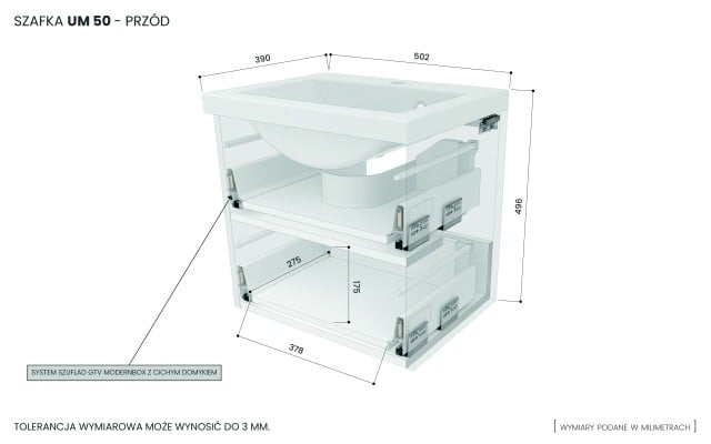 Szafka Wisząca Z Umywalką RON 50 cm - Szary Mat - Uchwyty Czarne Matowe