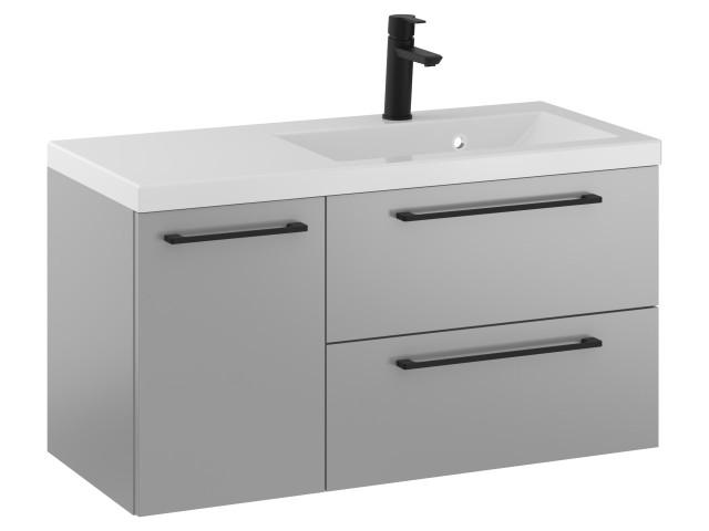 Szafka Wisząca Z Umywalką RON 90 cm D Prawa - Szary Mat - Uchwyty Czarne Matowe