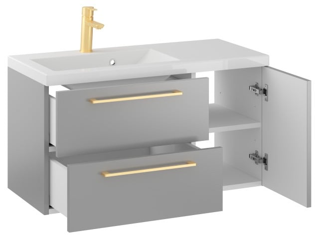Szafka Wisząca Z Umywalką RON 90 cm D Lewa - Szary Mat - Uchwyty Złote Szczotkowane