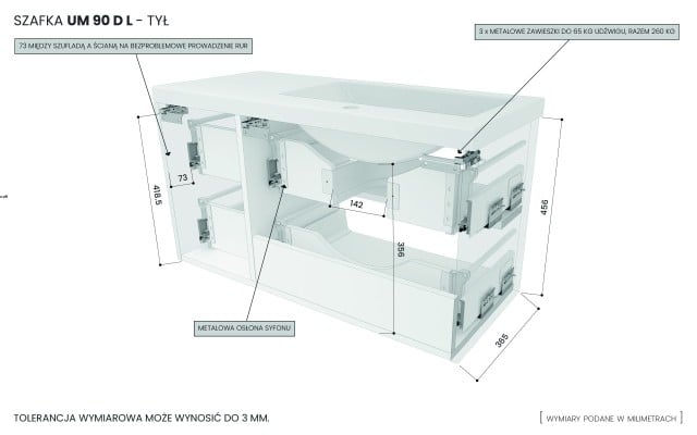 Szafka Wisząca Z Umywalką RON 90 cm D Lewa - Szary Mat - Uchwyty Złote Szczotkowane