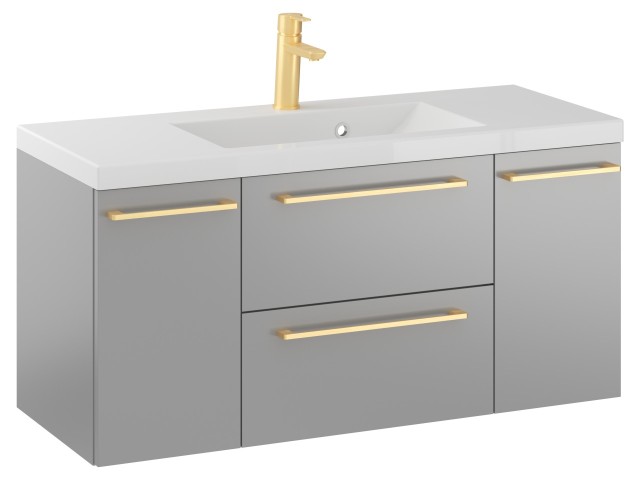 Szafka Wisząca Z Umywalką RON 100 cm D - Szary Mat - Uchwyty Złote Szczotkowane